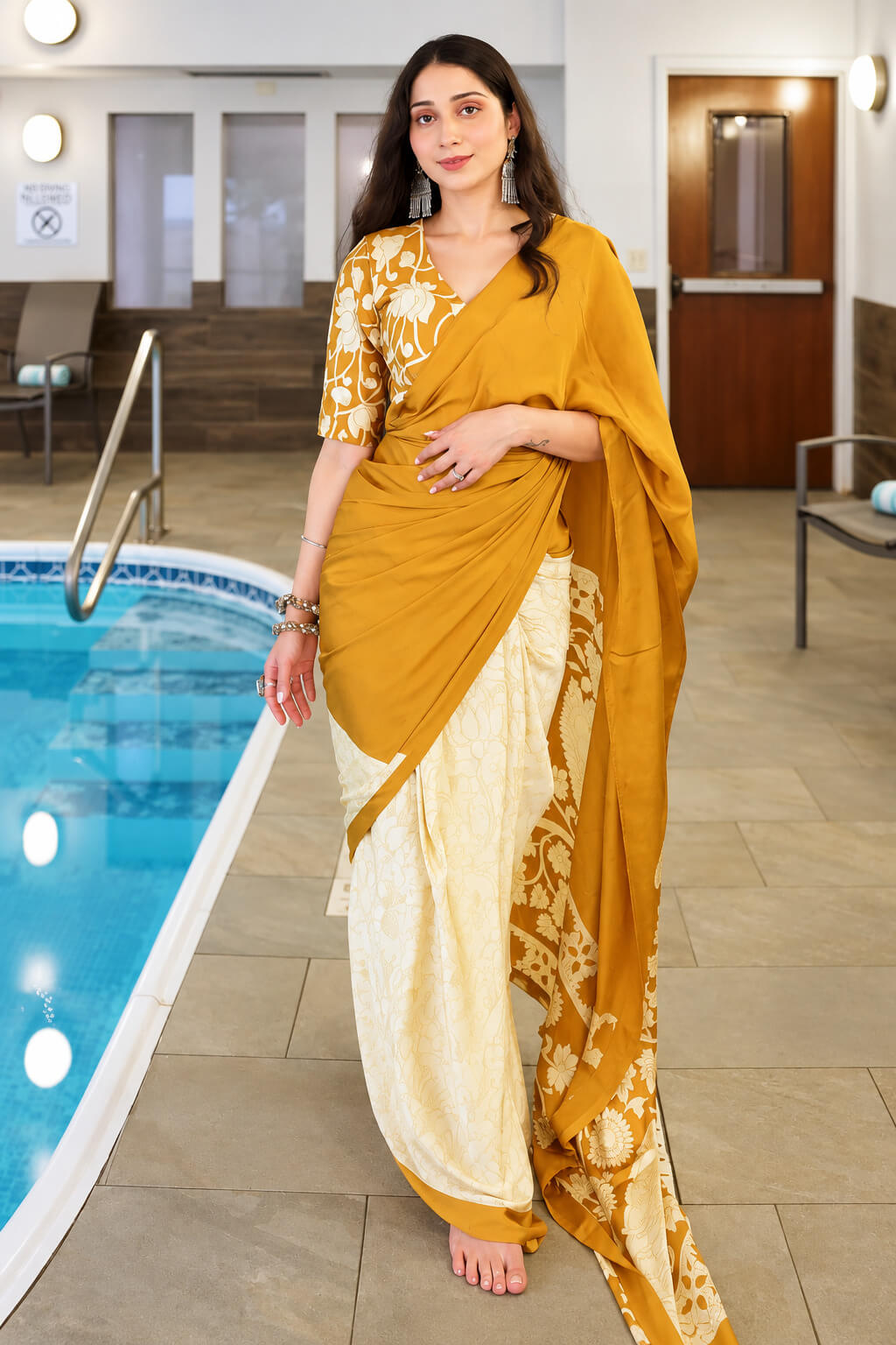 Vrushika Mehta In Mustard Digital Printed Satin Silk Saree