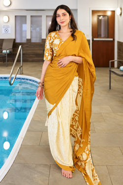 Vrushika Mehta In Mustard Digital Printed Satin Silk Saree