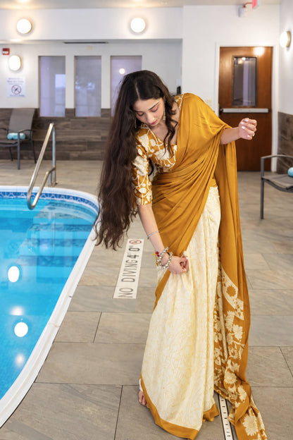 Vrushika Mehta In Mustard Digital Printed Satin Silk Saree