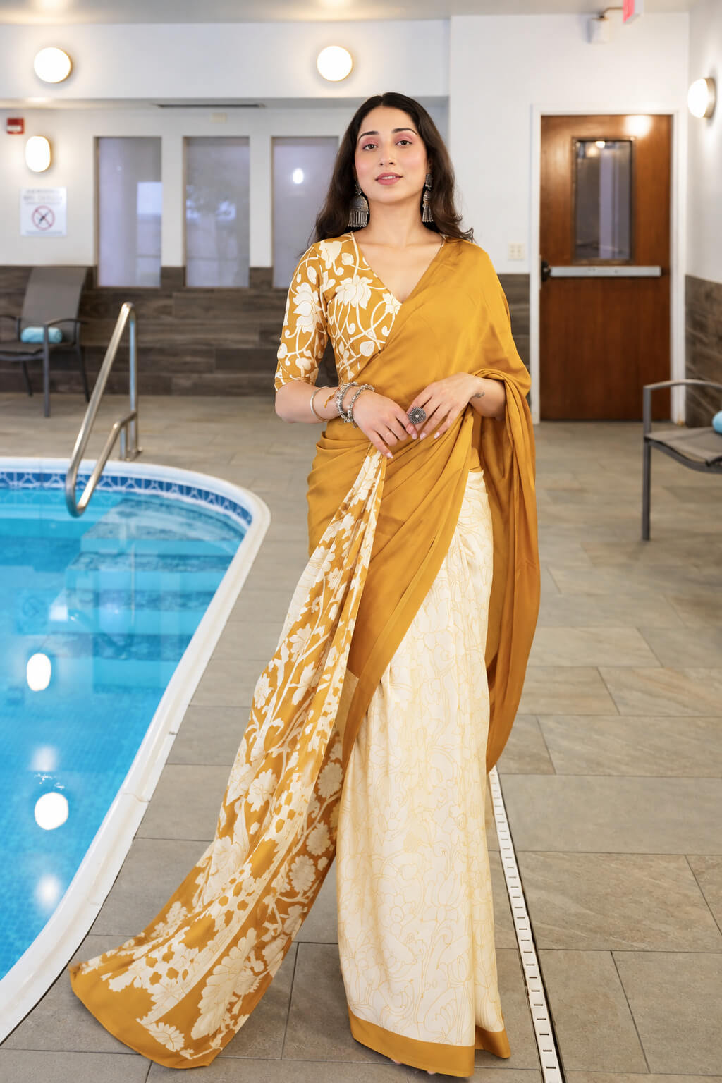 Vrushika Mehta In Mustard Digital Printed Satin Silk Saree