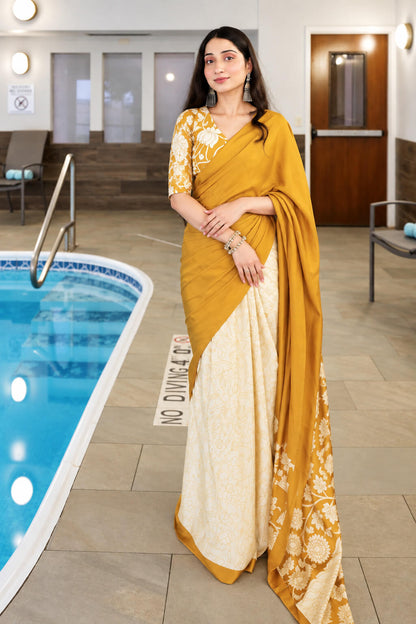 Vrushika Mehta In Mustard Digital Printed Satin Silk Saree