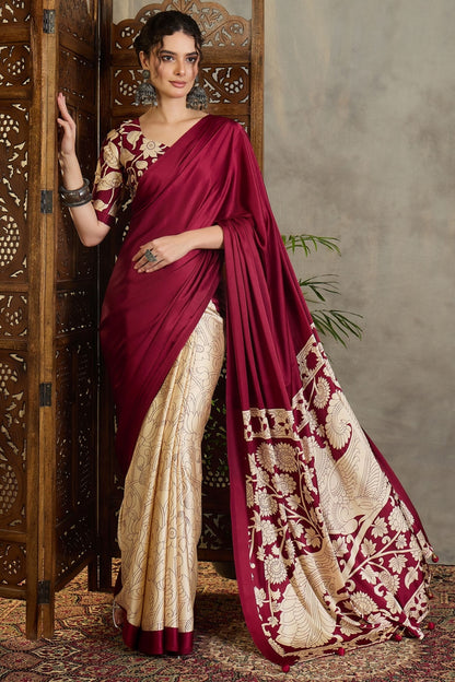 Stunning Wine Digital Printed Satin Silk Saree With Pleasurable Blouse Piece