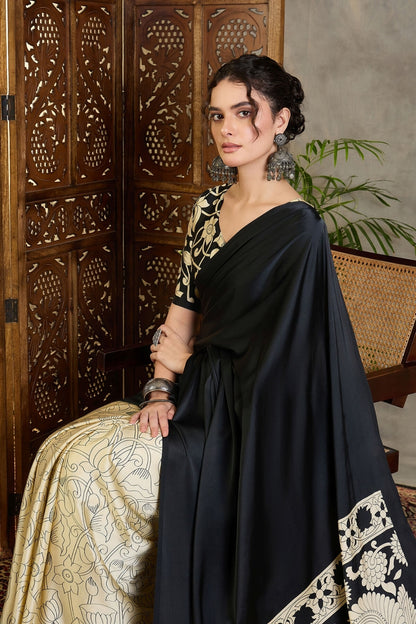 Amiable Black Digital Printed Satin Silk Saree With Confounding Blouse Piece
