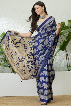 Entrancing Navy Blue Kalamkari Printed Satin Silk Saree With Efflorescence Blouse Piece