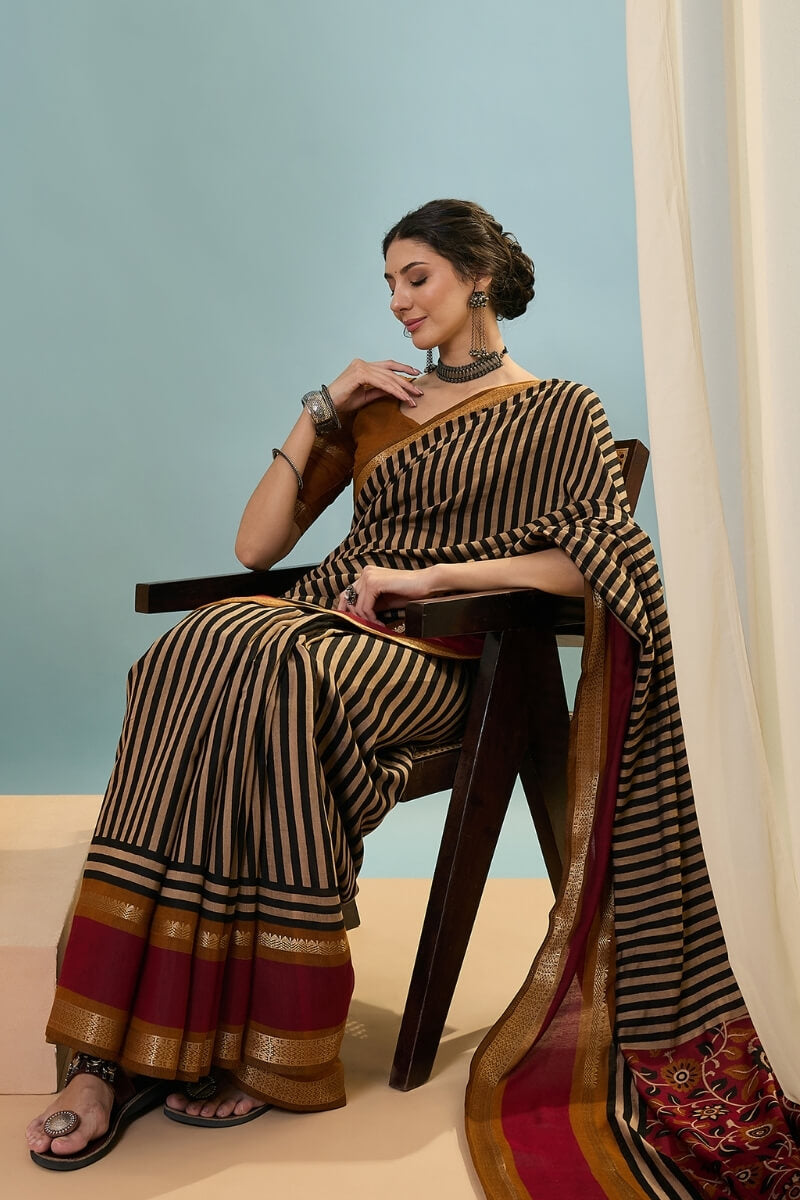 Designer Black Printed Cotton Silk Saree With Embellished Blouse Piece