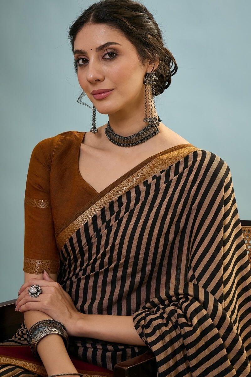 Designer Black Printed Cotton Silk Saree With Embellished Blouse Piece