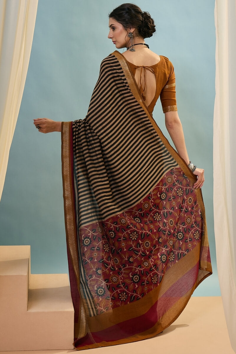 Designer Black Printed Cotton Silk Saree With Embellished Blouse Piece