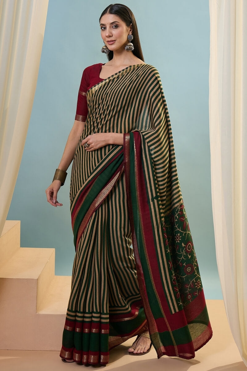 Angelic Dark Green Printed Cotton Silk Saree With Stylish Blouse Piece