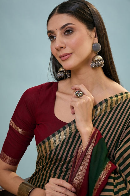 Angelic Dark Green Printed Cotton Silk Saree With Stylish Blouse Piece