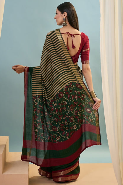 Angelic Dark Green Printed Cotton Silk Saree With Stylish Blouse Piece