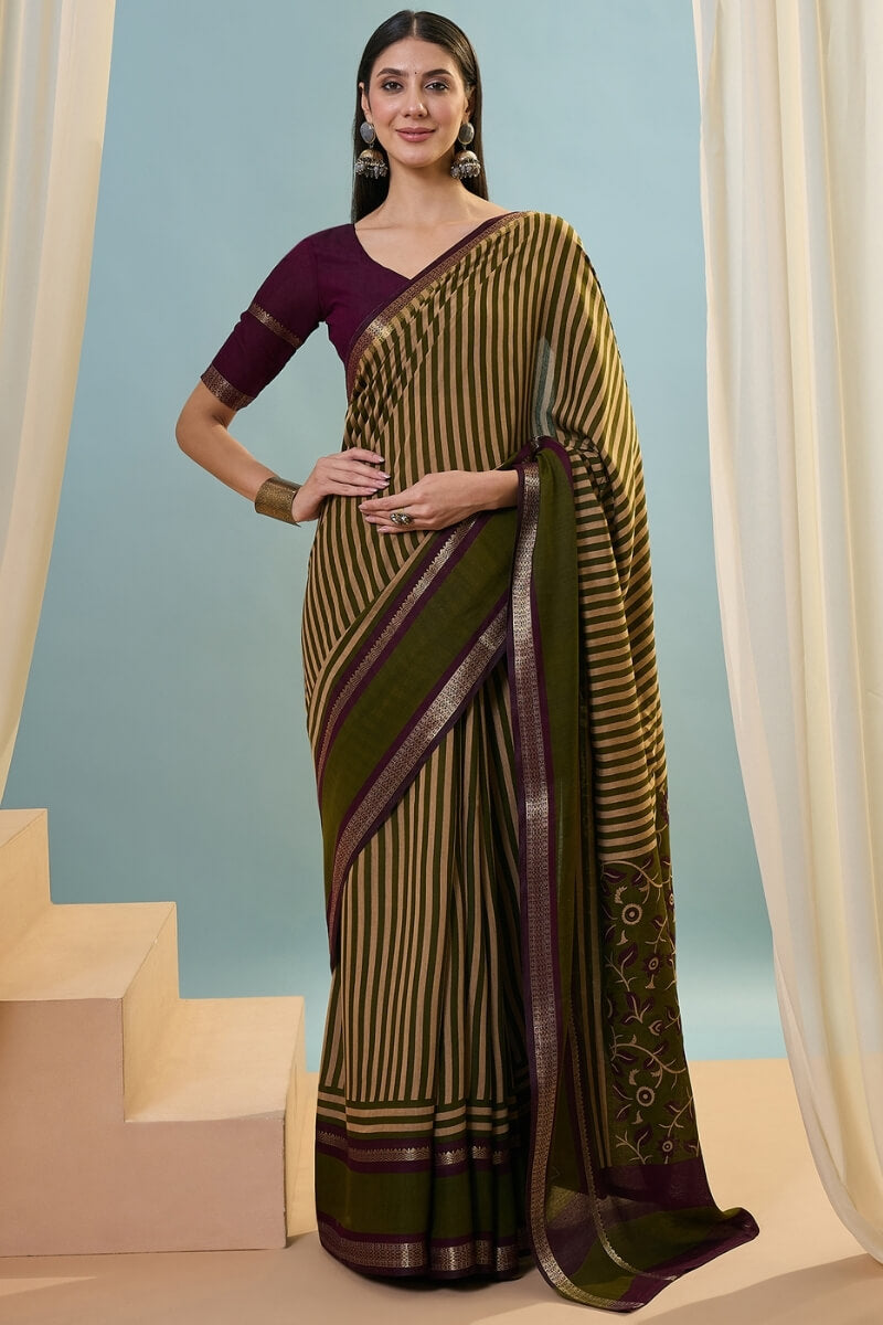 Felicitous Green Printed Cotton Silk Saree With Eye-catching Blouse Piece
