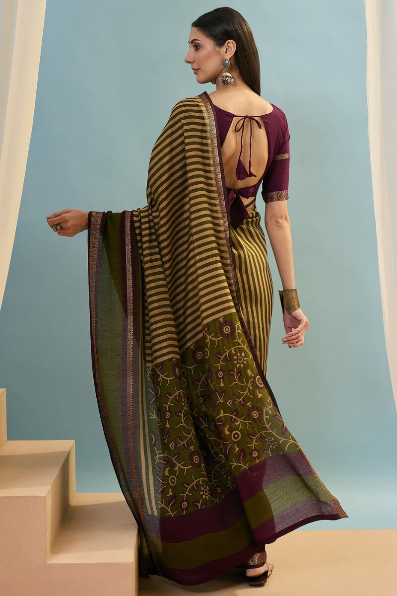 Felicitous Green Printed Cotton Silk Saree With Eye-catching Blouse Piece