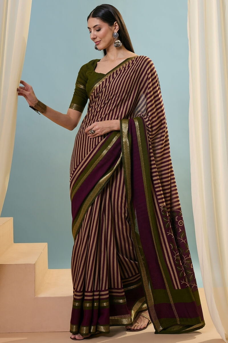 Sophisticated Wine Printed Cotton Silk Saree With Bucolic Blouse Piece