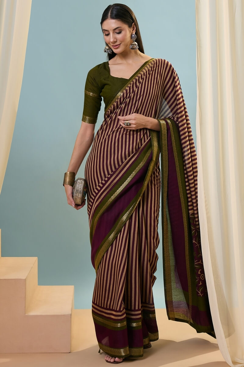 Sophisticated Wine Printed Cotton Silk Saree With Bucolic Blouse Piece