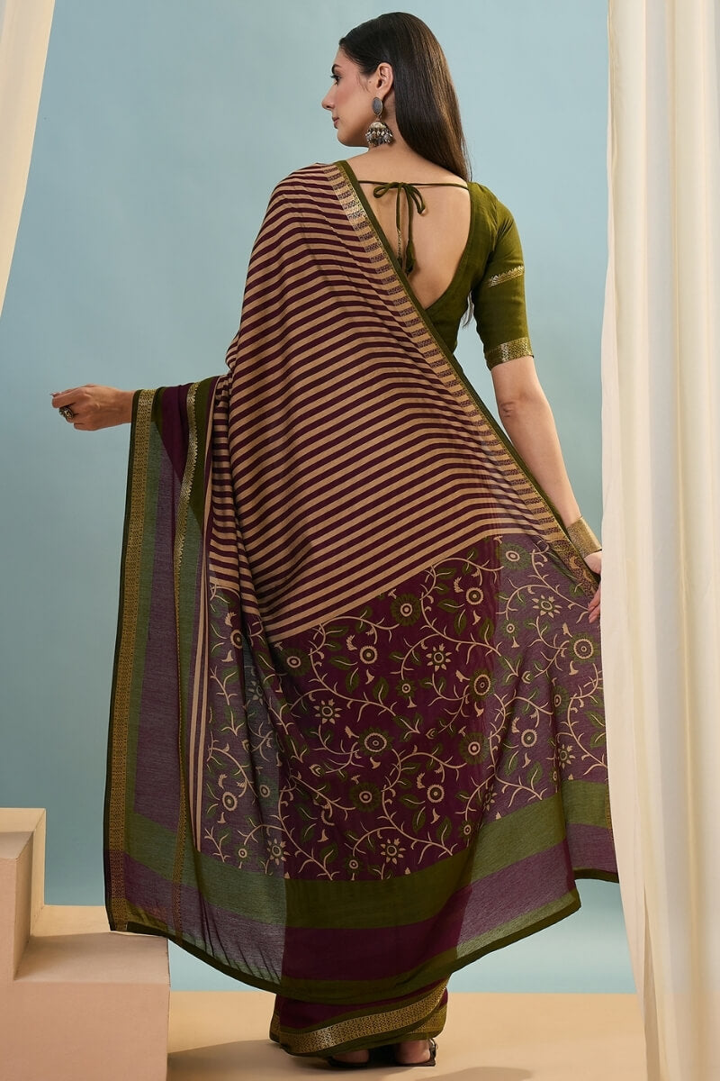 Sophisticated Wine Printed Cotton Silk Saree With Bucolic Blouse Piece