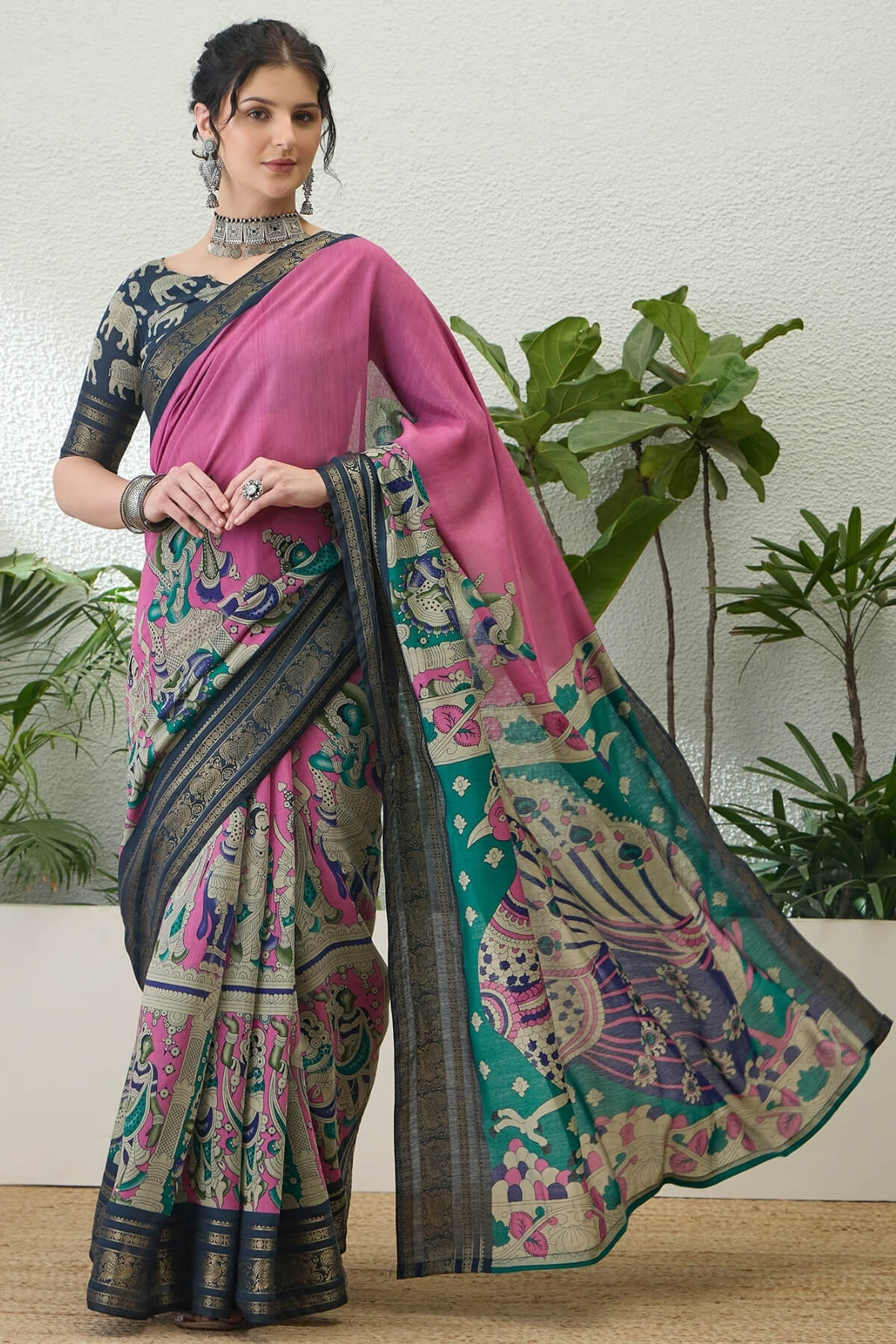 Pulsating Pink Kalamkari Printed Cotton Silk Saree With Ebullience Blouse Piece