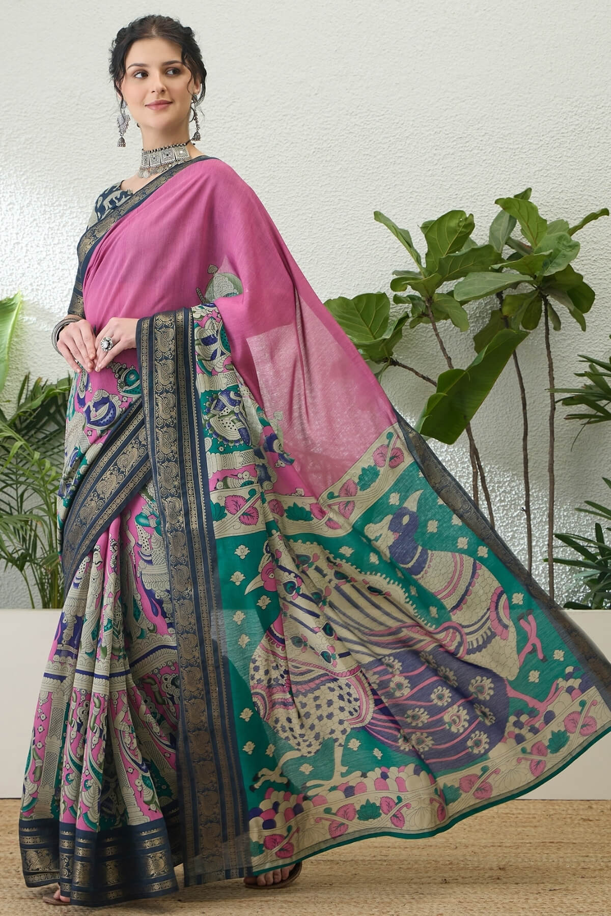 Pulsating Pink Kalamkari Printed Cotton Silk Saree With Ebullience Blouse Piece