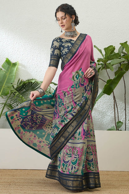 Pulsating Pink Kalamkari Printed Cotton Silk Saree With Ebullience Blouse Piece