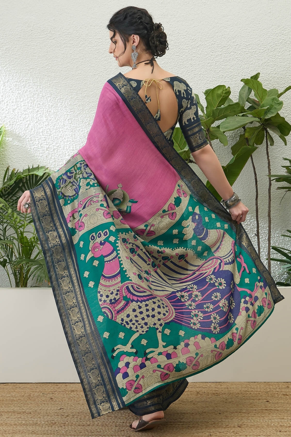 Pulsating Pink Kalamkari Printed Cotton Silk Saree With Ebullience Blouse Piece