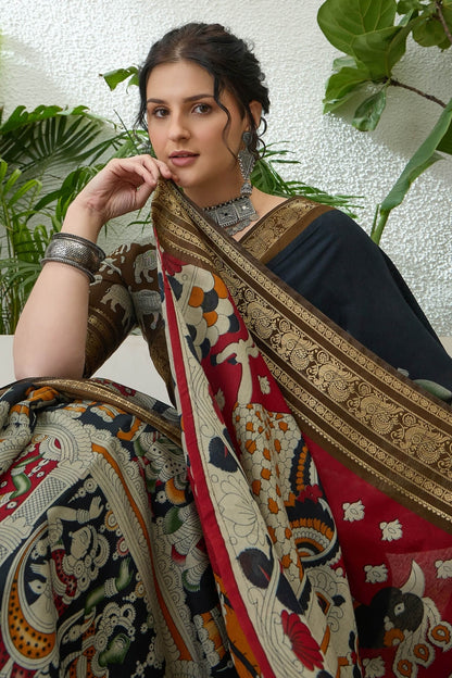 Excellent Black Kalamkari Printed Cotton Silk Saree With Trendy Blouse Piece