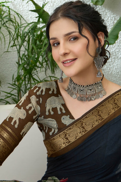Excellent Black Kalamkari Printed Cotton Silk Saree With Trendy Blouse Piece