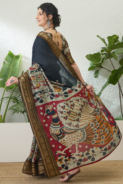 Excellent Black Kalamkari Printed Cotton Silk Saree With Trendy Blouse Piece