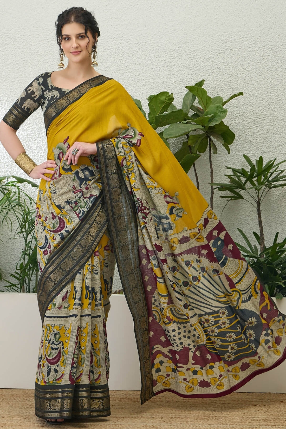 Demanding Yellow Kalamkari Printed Cotton Silk Saree With Classy Blouse Piece