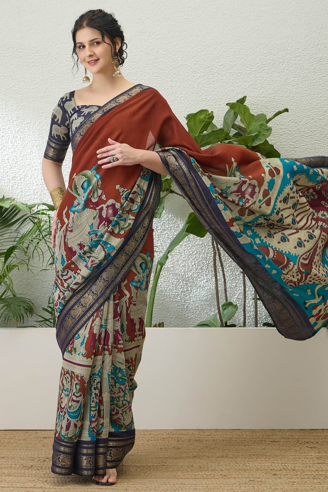 Assemblage Brown Kalamkari Printed Cotton Silk Saree With Vestigial Blouse Piece
