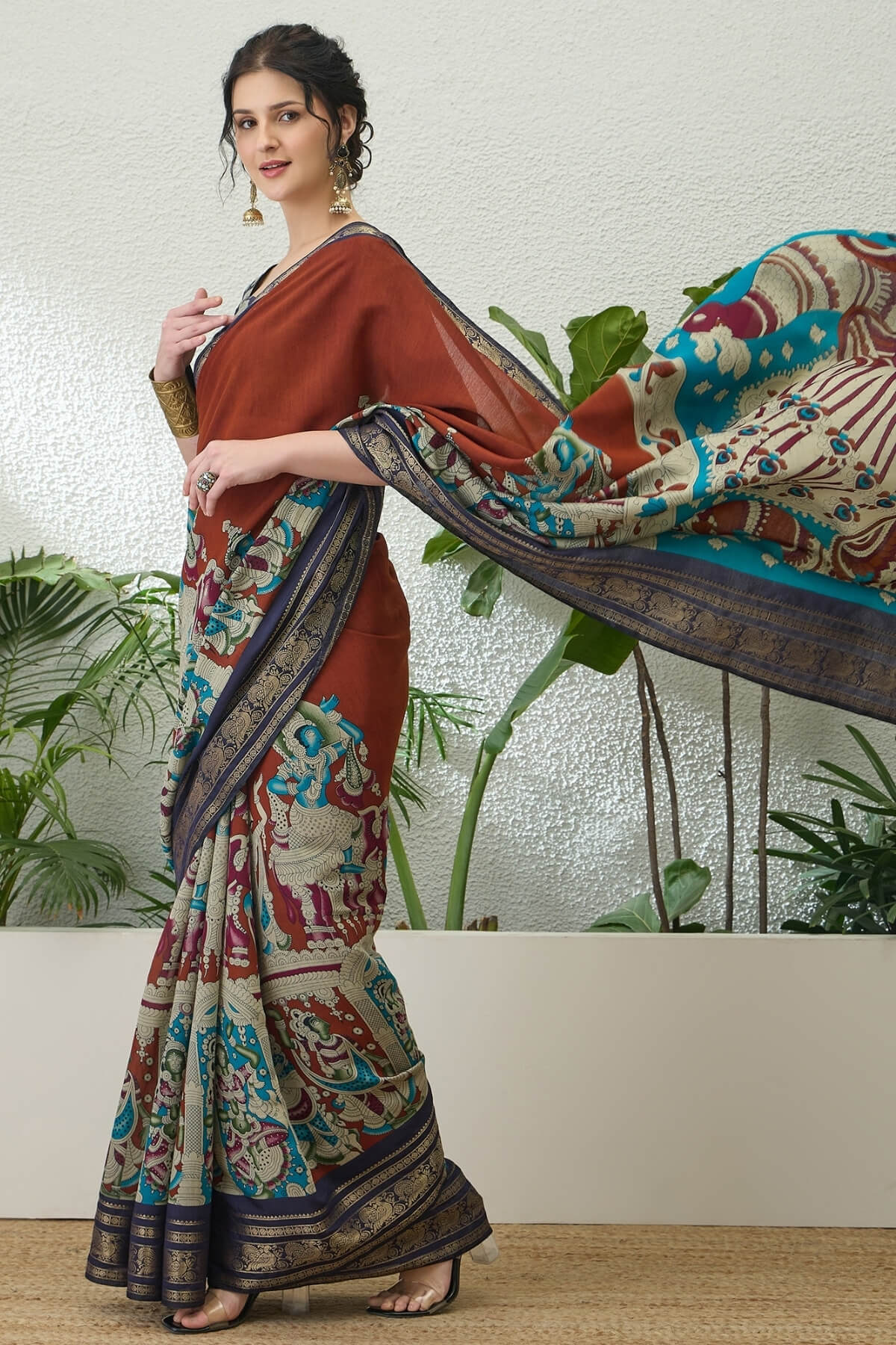 Assemblage Brown Kalamkari Printed Cotton Silk Saree With Vestigial Blouse Piece