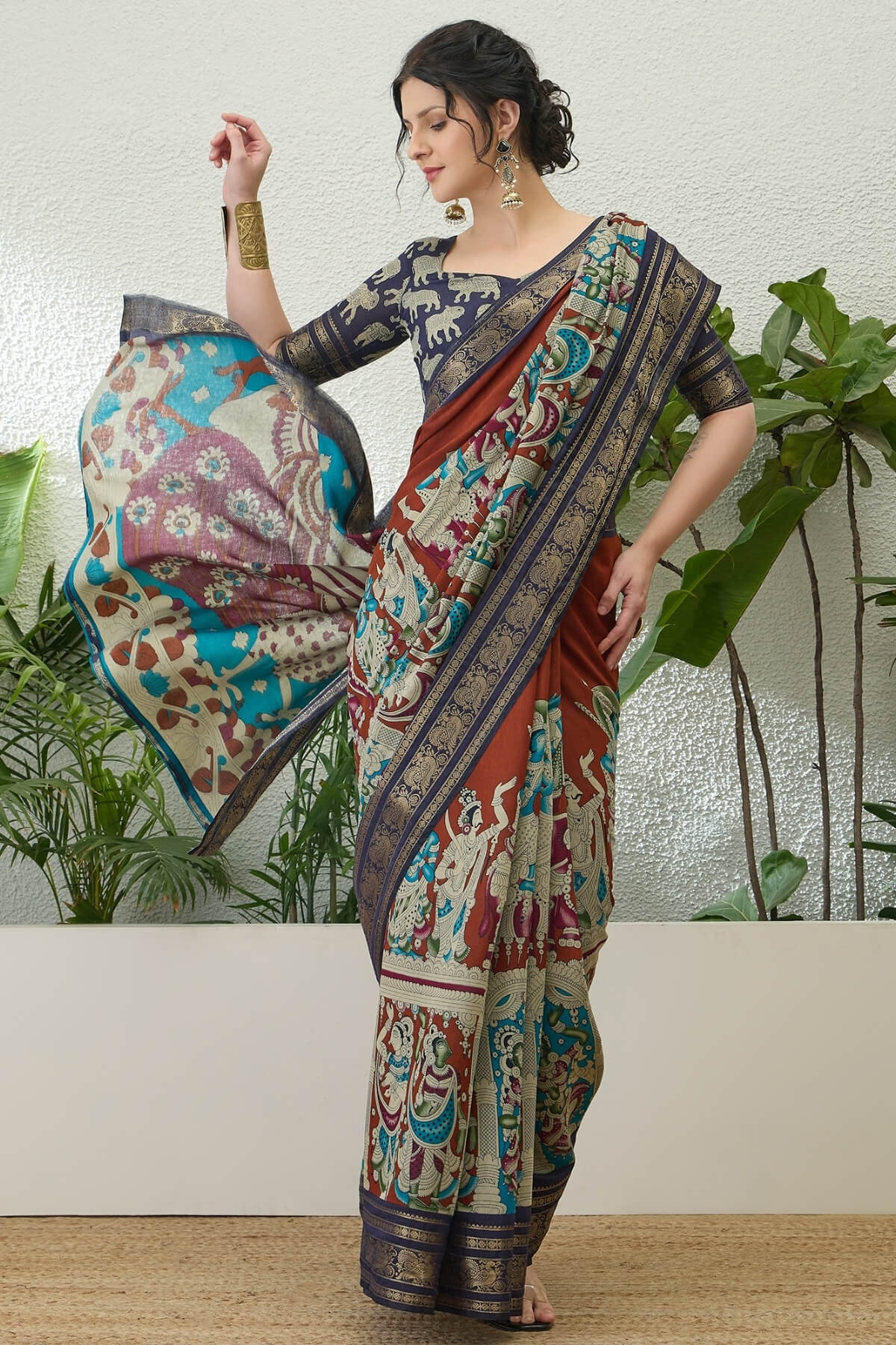 Assemblage Brown Kalamkari Printed Cotton Silk Saree With Vestigial Blouse Piece