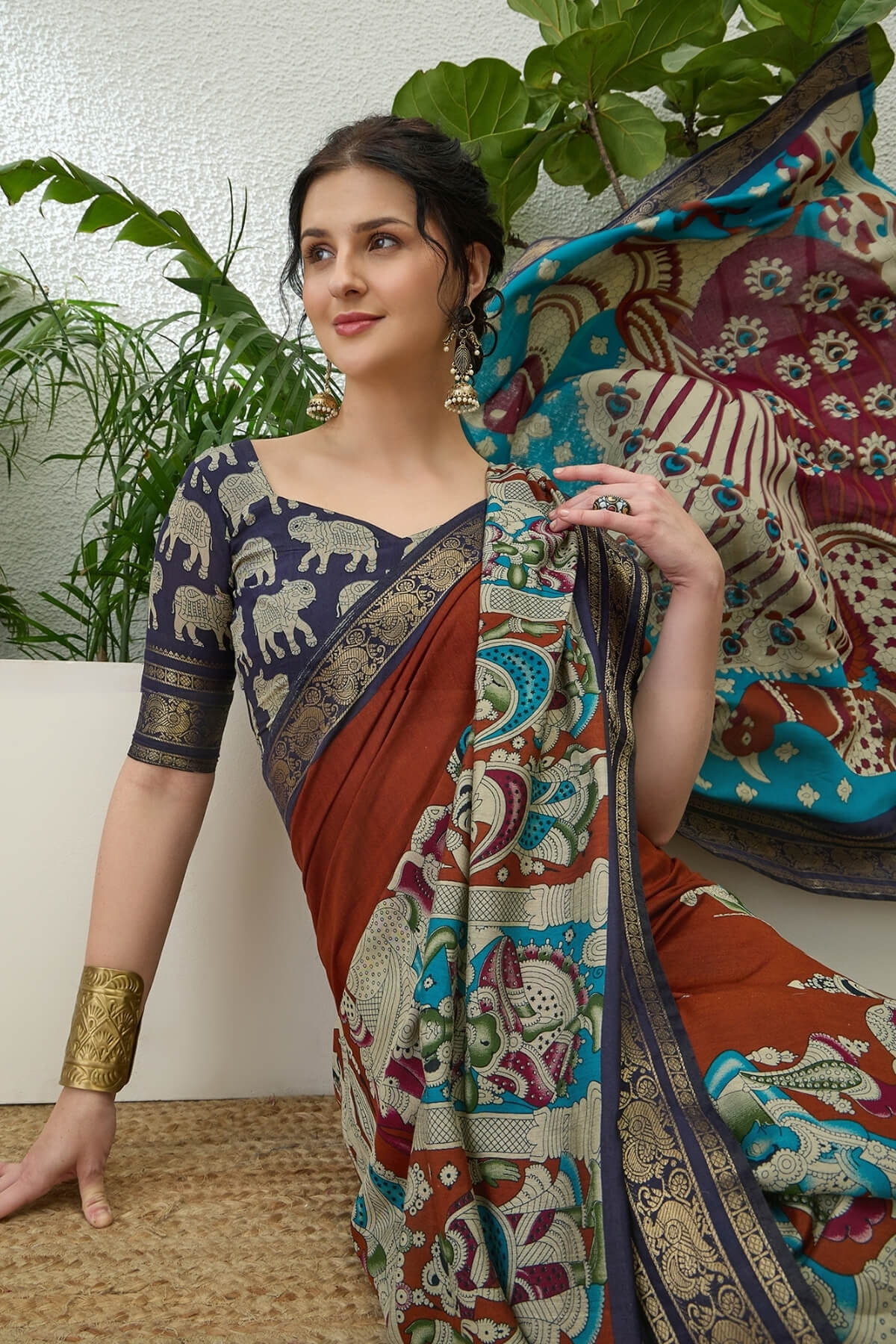 Assemblage Brown Kalamkari Printed Cotton Silk Saree With Vestigial Blouse Piece