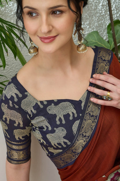 Assemblage Brown Kalamkari Printed Cotton Silk Saree With Vestigial Blouse Piece