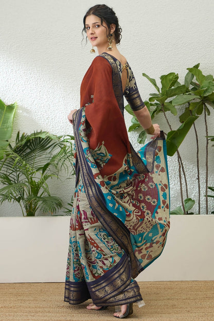 Assemblage Brown Kalamkari Printed Cotton Silk Saree With Vestigial Blouse Piece