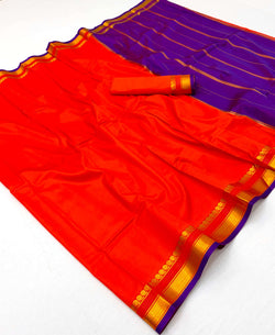 Redolent Red Soft Silk Saree With Verdant Blouse Piece