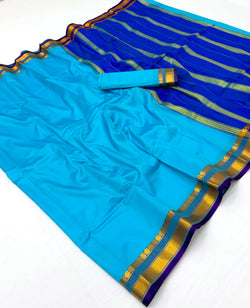 Smashing Sky Soft Silk Saree With Exuberant Blouse Piece