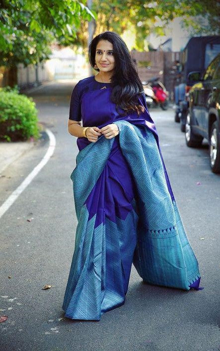 Demesne Blue Soft Silk Saree With Dalliance Blouse Piece