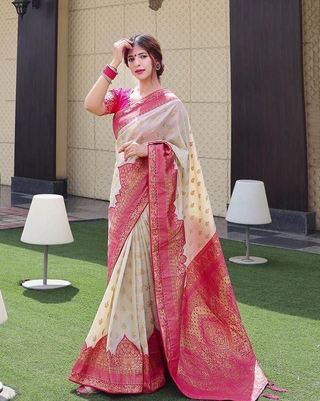 Traditional Beige Soft Silk Saree With Divine Blouse Piece
