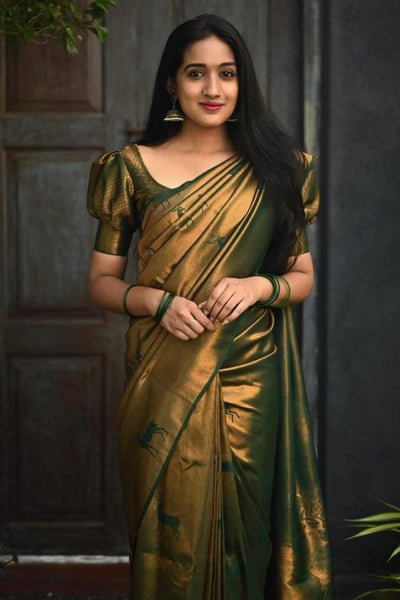Gossamer Dark Green Soft Silk Saree With Comely Blouse Piece