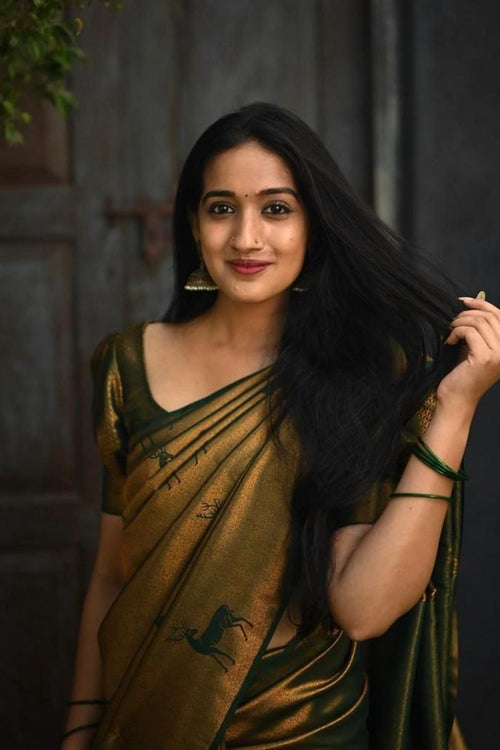 Load image into Gallery viewer, Gossamer Dark Green Soft Silk Saree With Comely Blouse Piece
