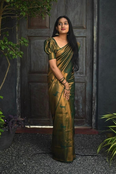 Gossamer Dark Green Soft Silk Saree With Comely Blouse Piece