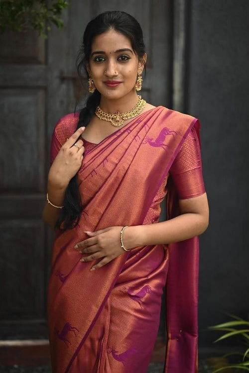 Load image into Gallery viewer, Nemesis Dark Pink Soft Silk Saree With Ailurophile Blouse Piece
