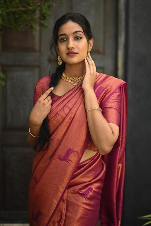 Load image into Gallery viewer, Nemesis Dark Pink Soft Silk Saree With Ailurophile Blouse Piece
