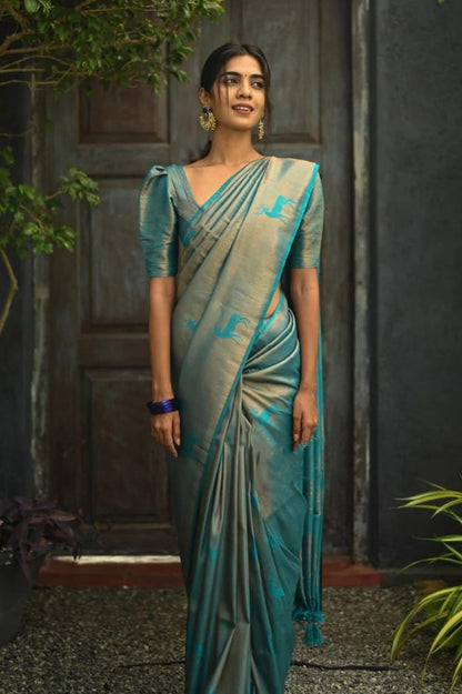 Excellent Sky Soft Silk Saree With Dalliance Blouse Piece