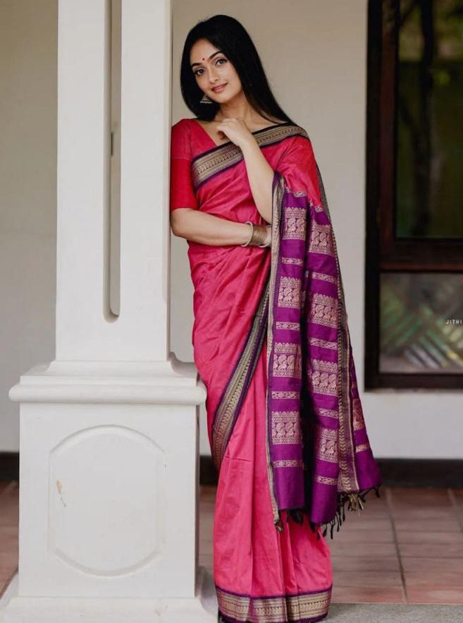 Excellent Pink Soft Banarasi Silk Saree With Murmurous Blouse Piece