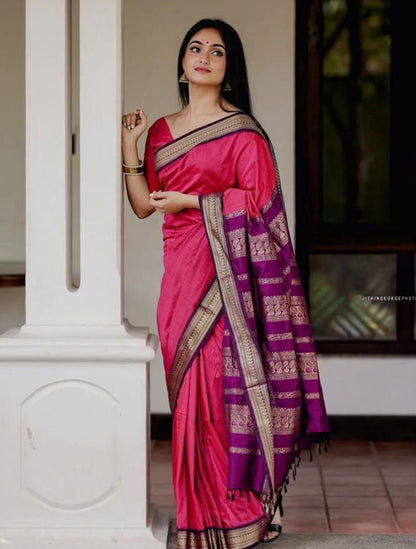 Excellent Pink Soft Banarasi Silk Saree With Murmurous Blouse Piece