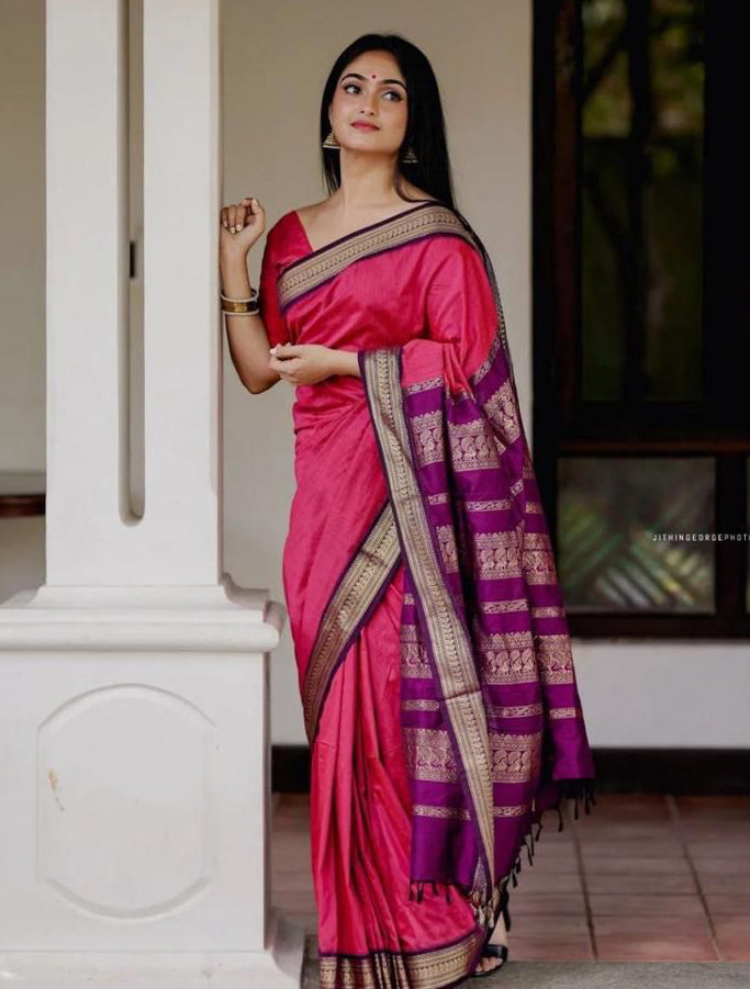 Excellent Pink Soft Banarasi Silk Saree With Murmurous Blouse Piece