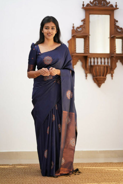 Load image into Gallery viewer, Magnetic Navy Blue Soft Silk Saree With Tempting Blouse Piece
