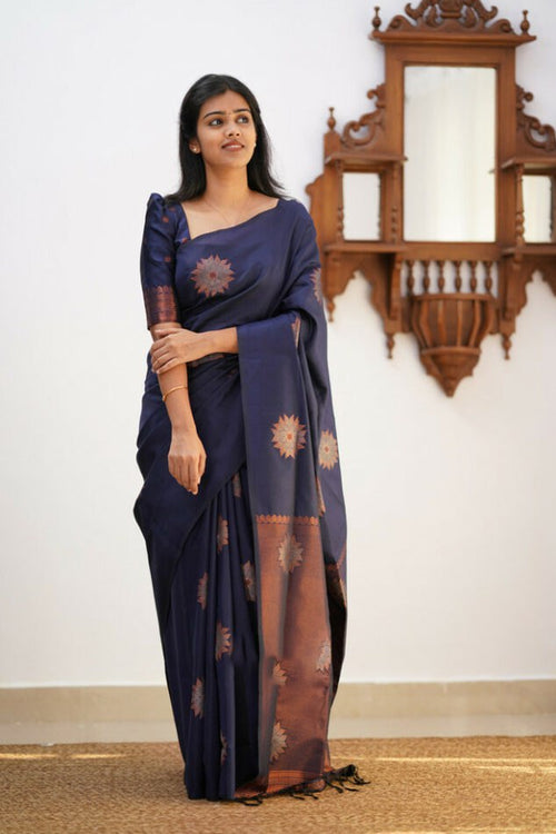 Load image into Gallery viewer, Magnetic Navy Blue Soft Silk Saree With Tempting Blouse Piece
