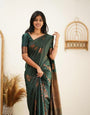 Amazing Dark Green Soft Silk Saree With Gorgeous Blouse Piece