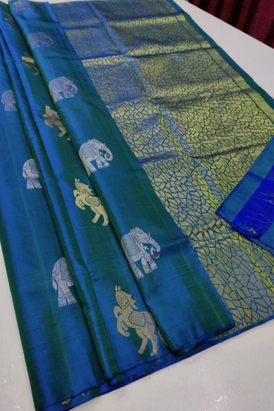 Marvellous Firozi Soft Silk Saree With Sizzling Blouse Piece